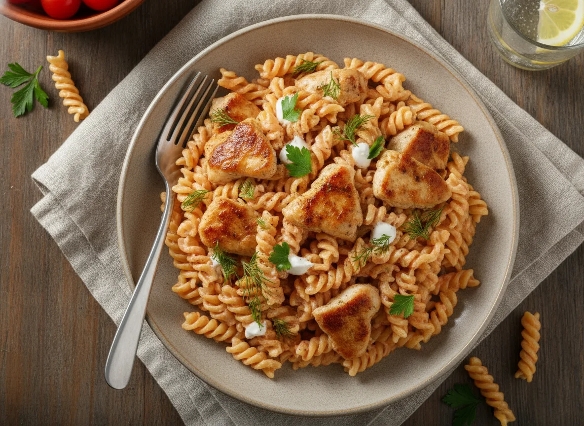 Макароны фузилли с курицей в соусе photo