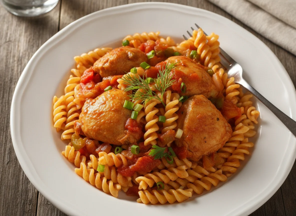 Макароны фузилли с курицей в томатном соусе photo