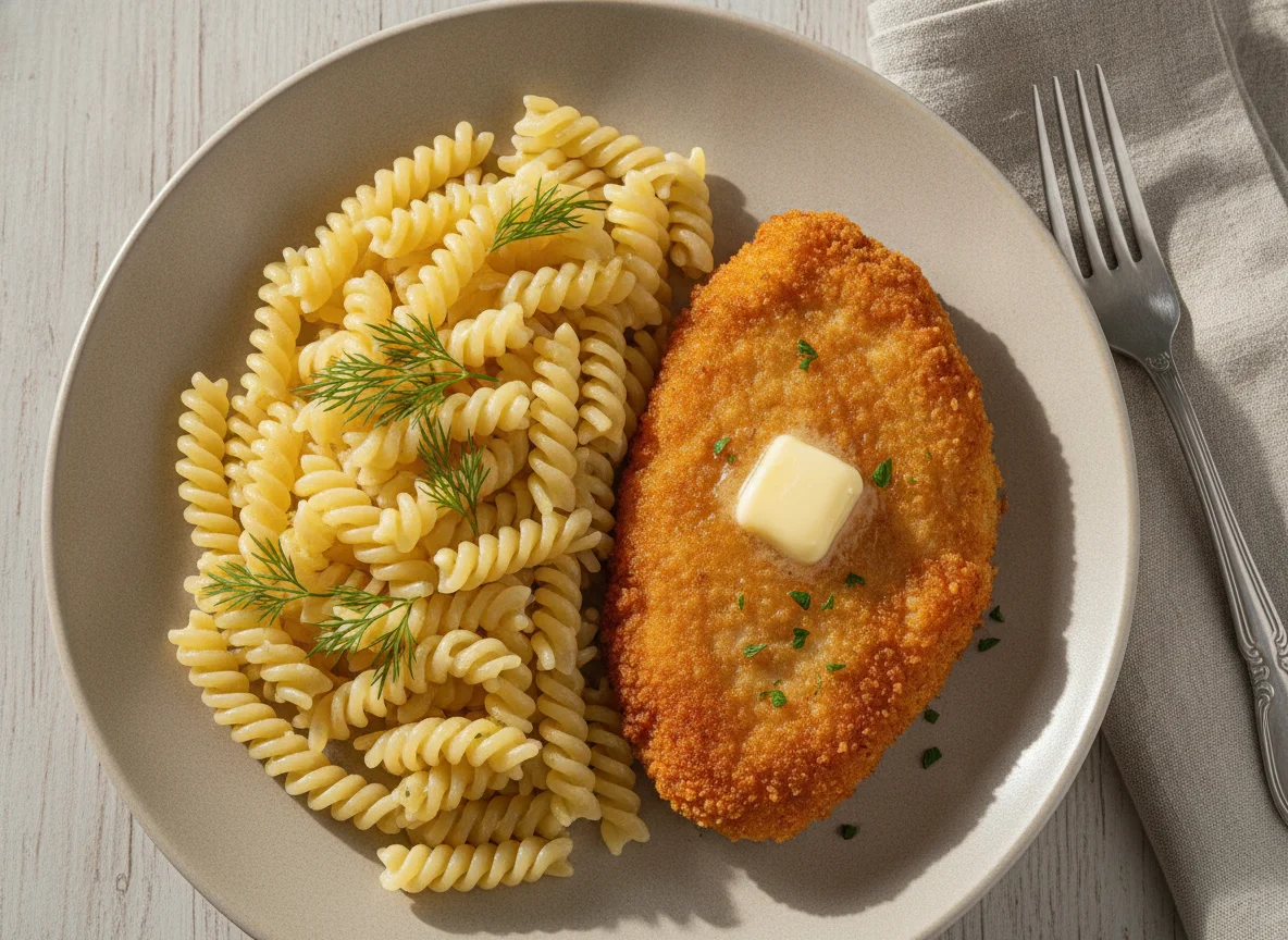 Макароны фузилли с куриной котлетой photo
