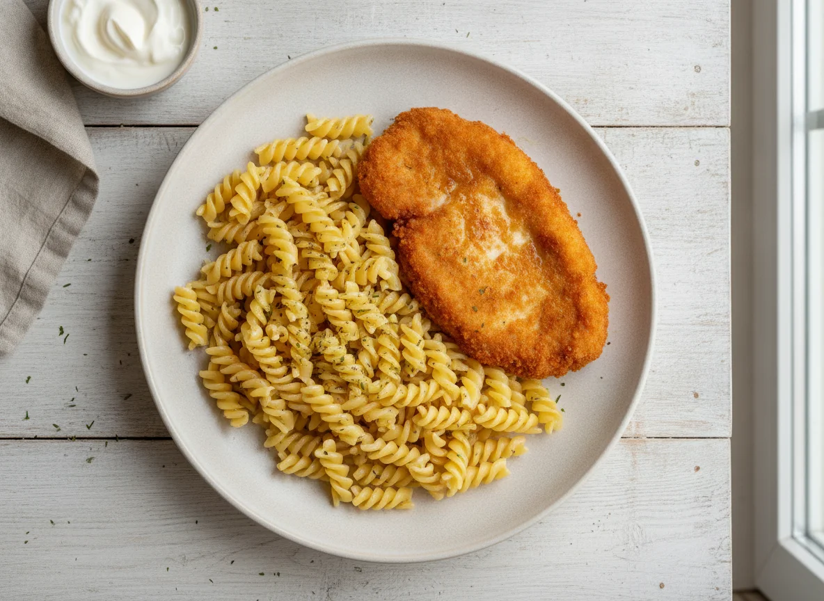 Макароны фузилли с куриной отбивной photo