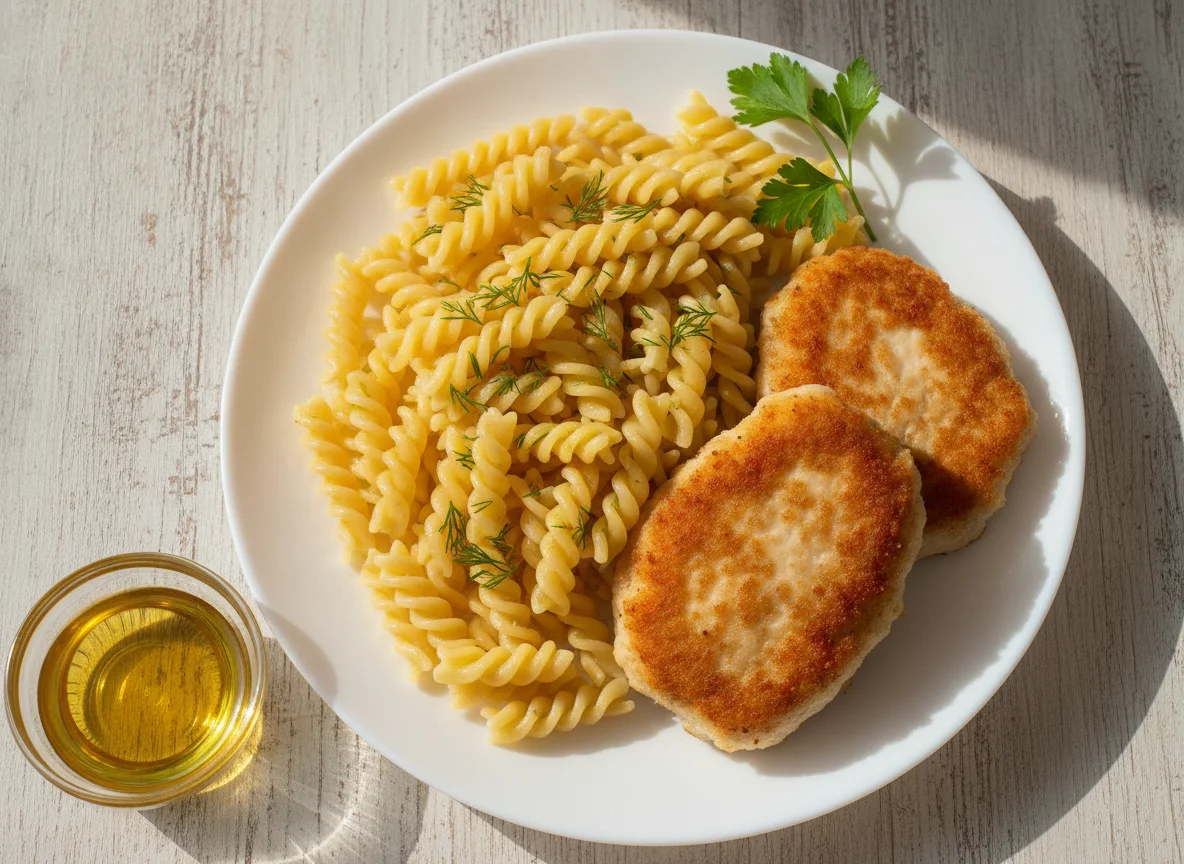 Макароны фузилли с куриными котлетами photo