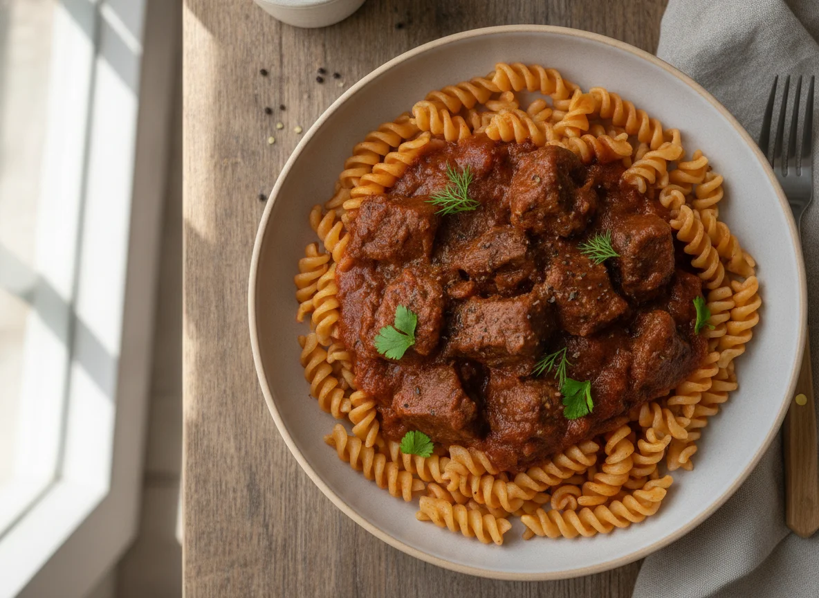 Макароны фузилли с мясным гуляшом photo