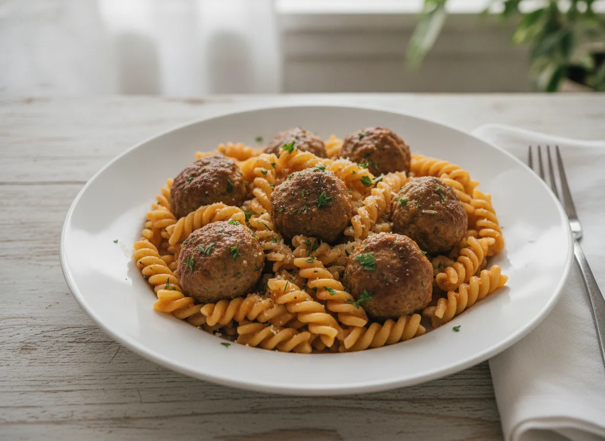 Макароны фузилли с мясными тефтелями photo