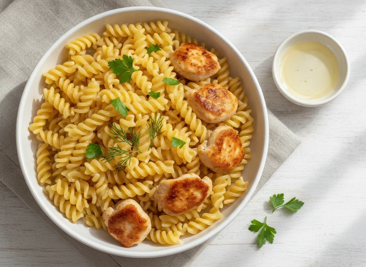 Макароны фузилли с обжаренным куриным филе photo