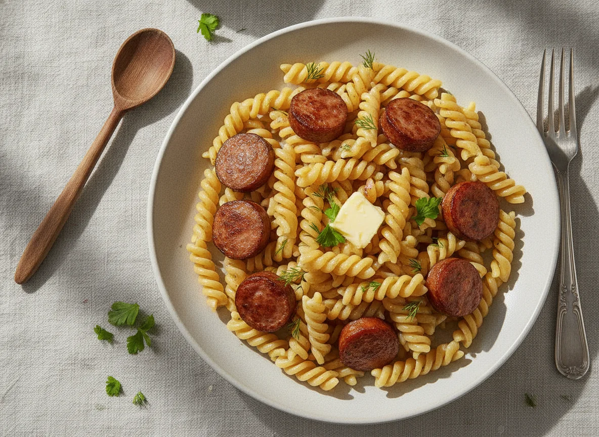 Макароны фузилли с сосисками photo