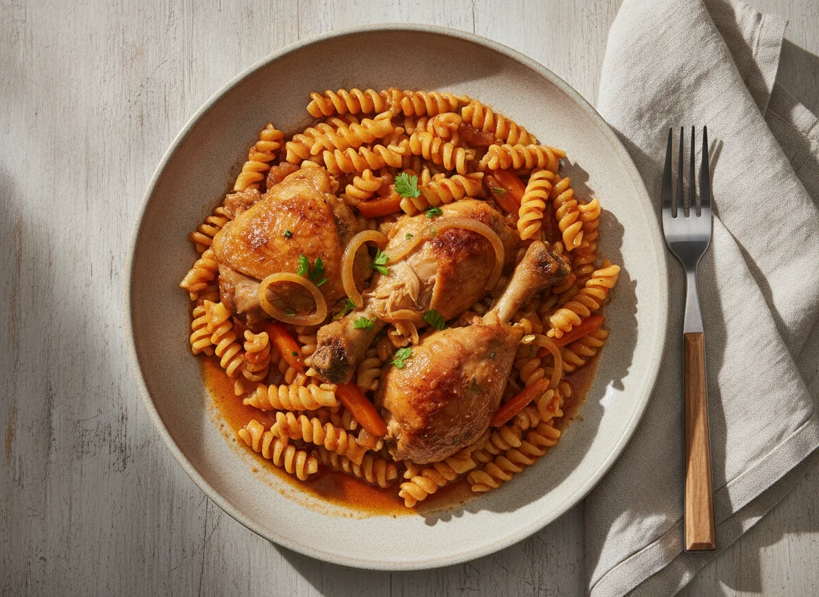 Макароны фузилли с тушеной курицей photo