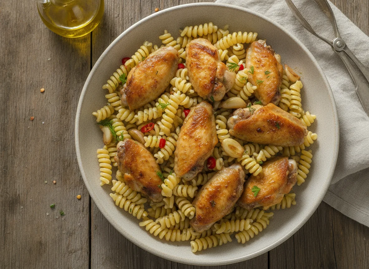 Макароны фузилли с жареной курицей photo