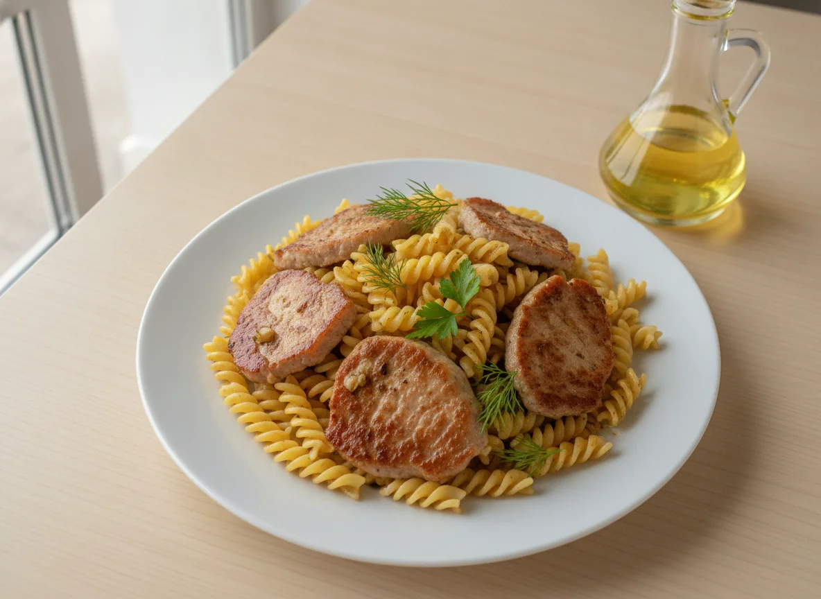Макароны фузилли с жареной свининой photo