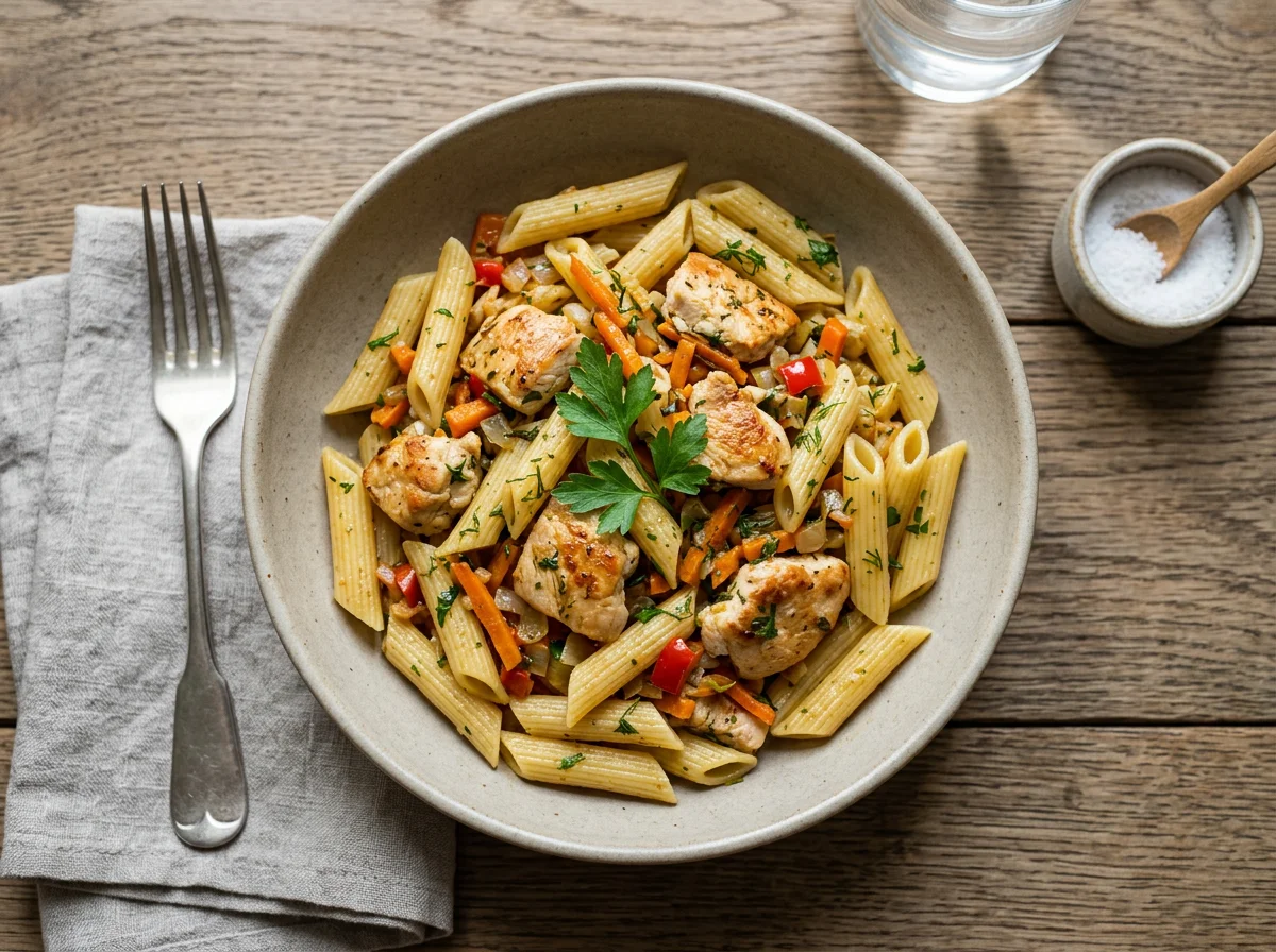 Макароны пенне с курицей и овощами photo