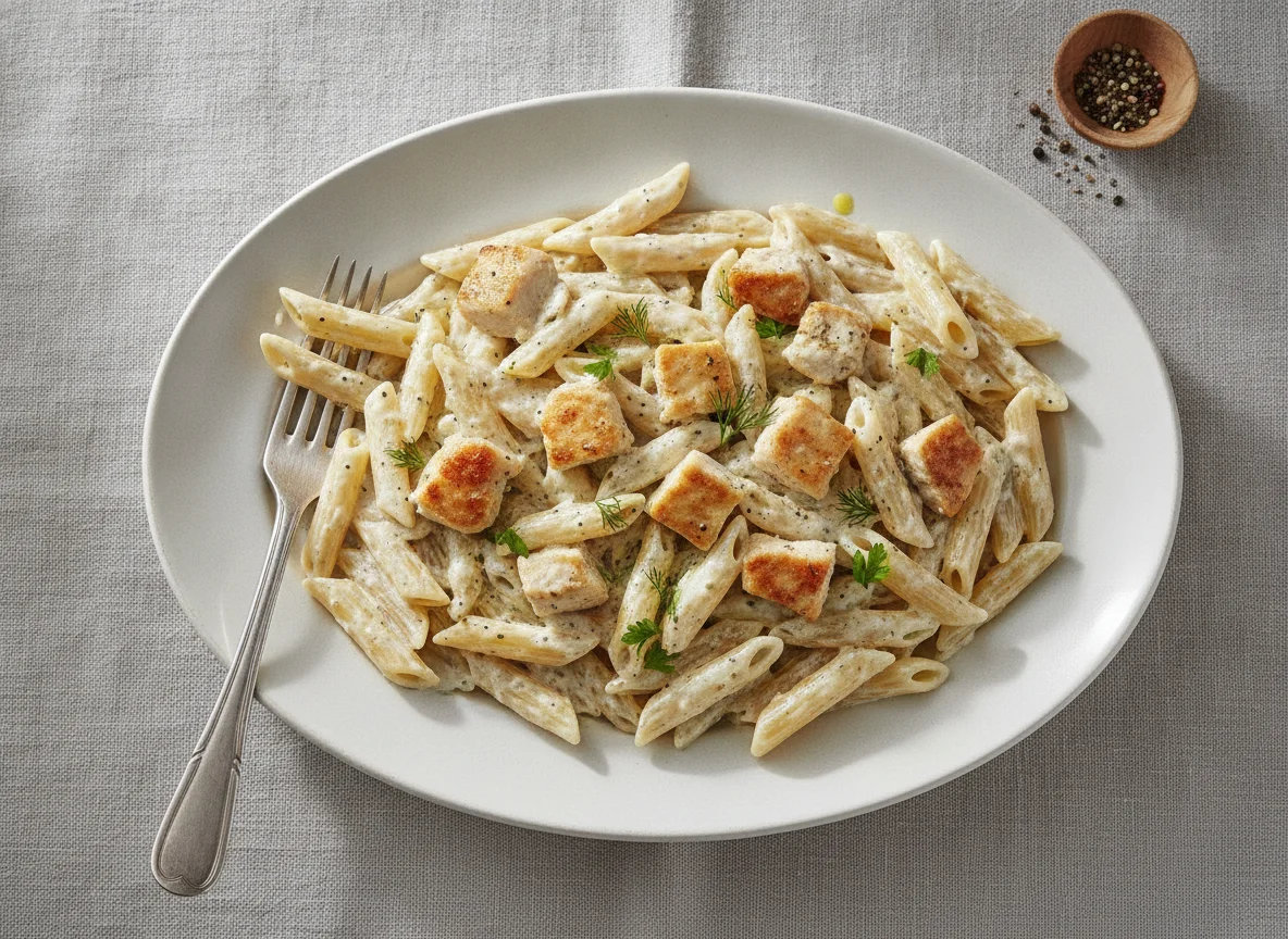 Макароны пенне с курицей в сливочном соусе photo