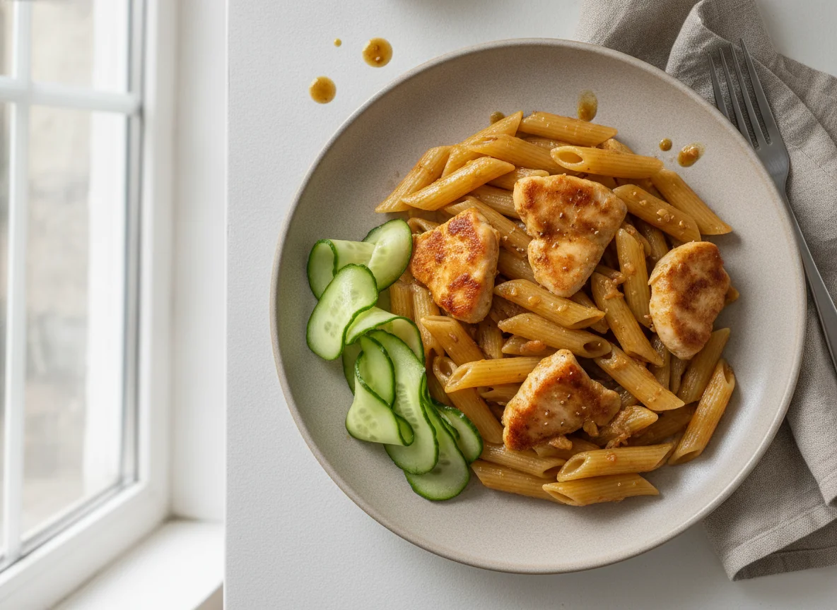 Макароны пенне с курицей в соусе и свежим огурцом photo