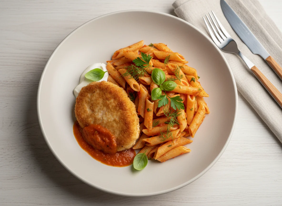 Макароны пенне с куриной котлетой photo