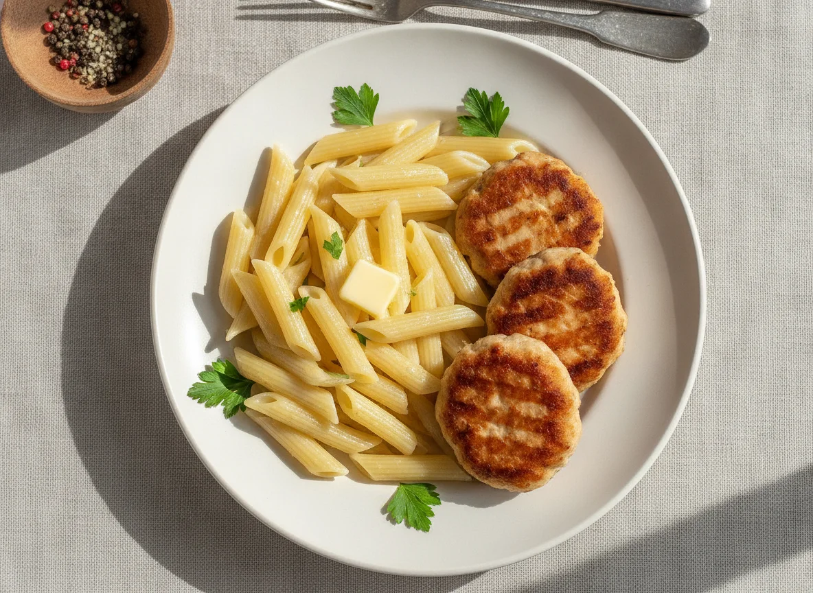 Макароны пенне с куриными котлетами photo