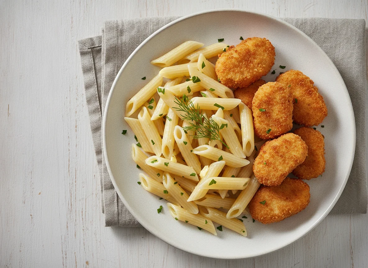 Макароны пенне с куриными наггетсами photo