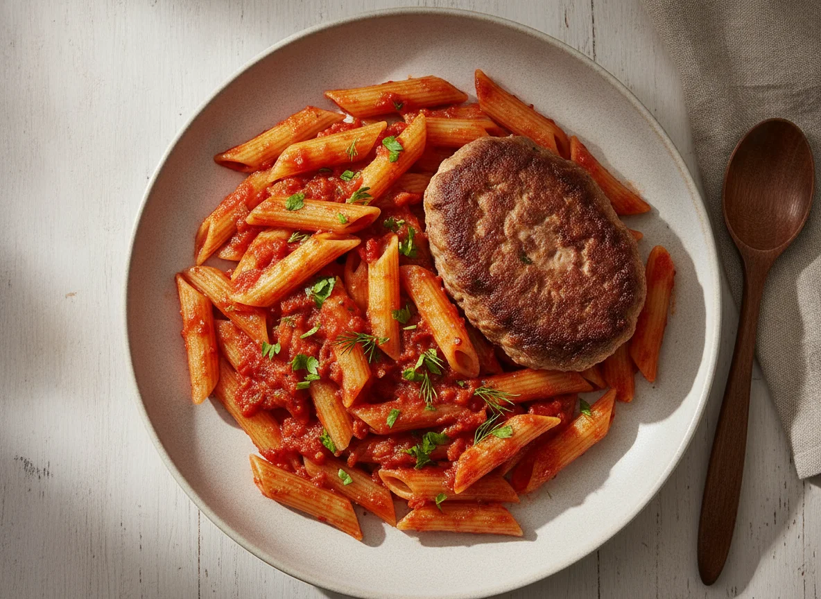 Макароны пенне с мясной котлетой photo
