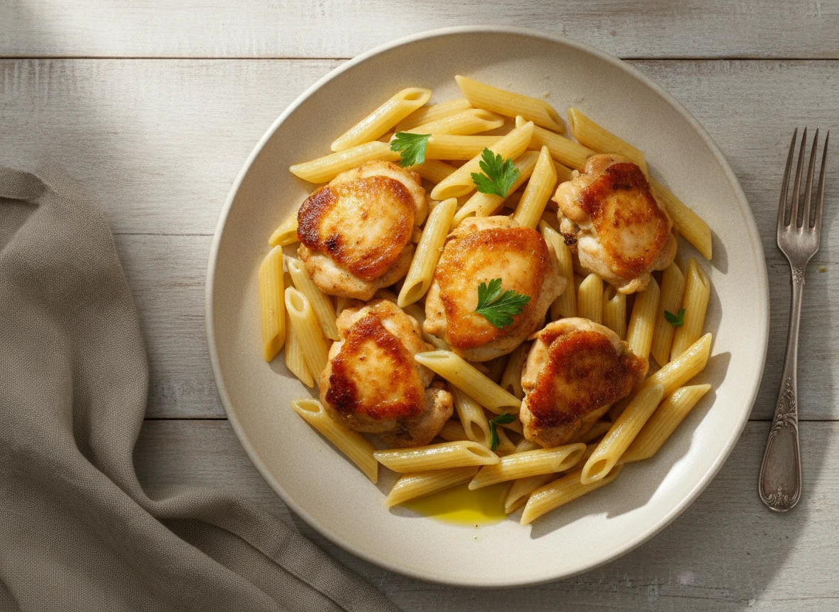Макароны пенне с жареной курицей photo
