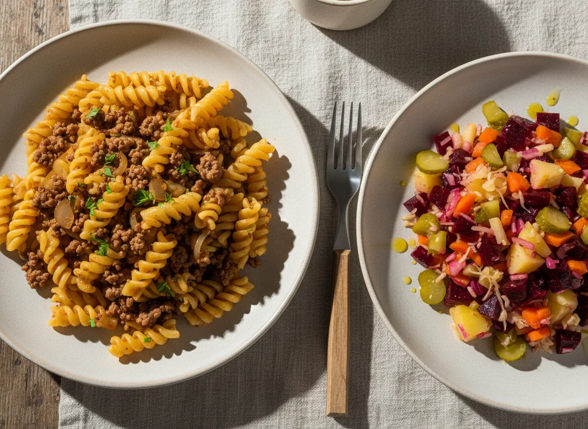 Макароны по флотски и винегрет photo