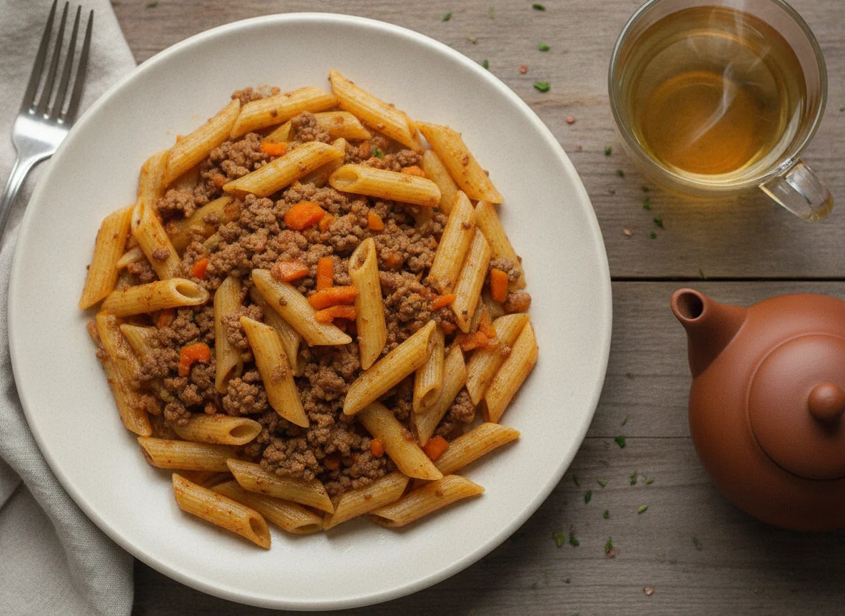 Макароны по-флотски и чай photo