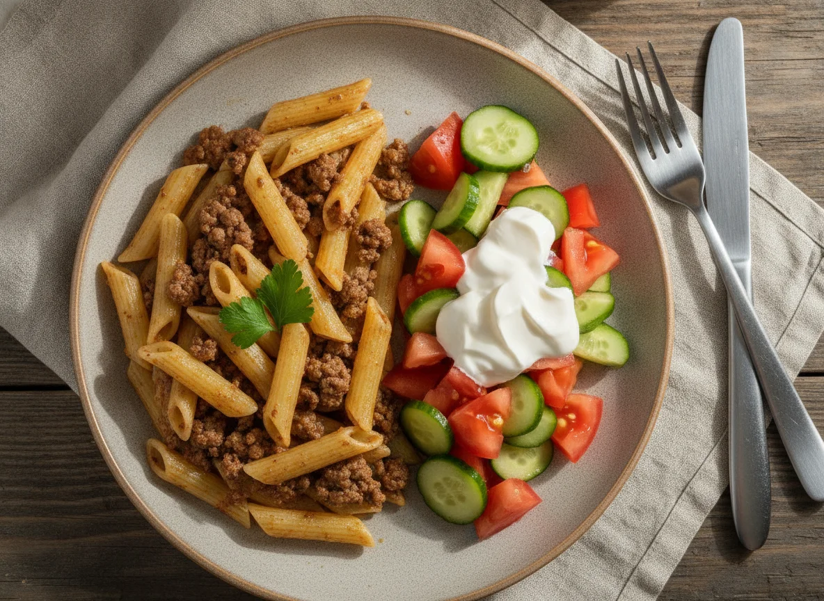 Макароны по-флотски и овощной салат со сметаной photo