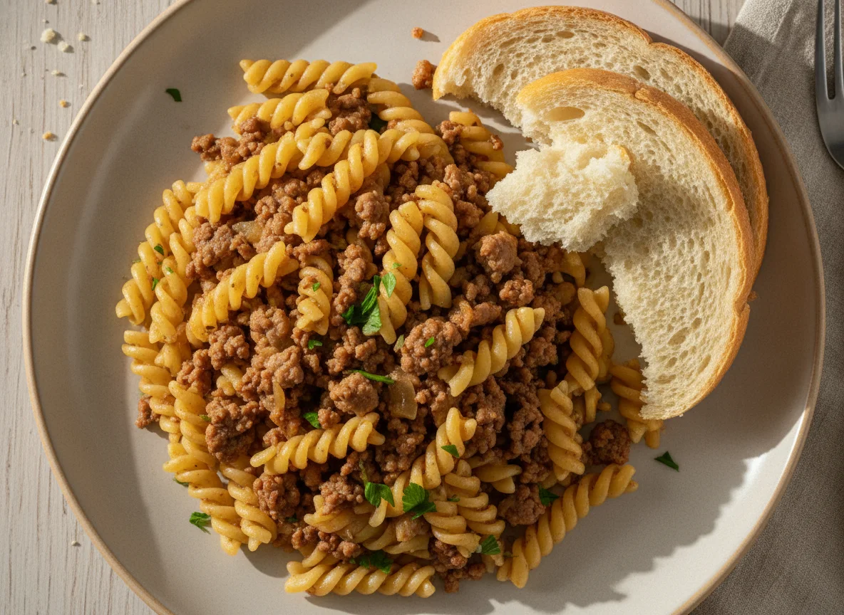 Макароны по-флотски с белым хлебом photo