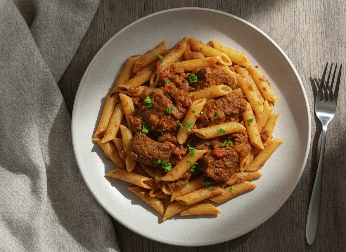 Макароны по-флотски с говядиной и соусом photo