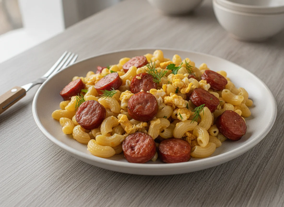 Макароны по-флотски с колбасой и яйцом photo