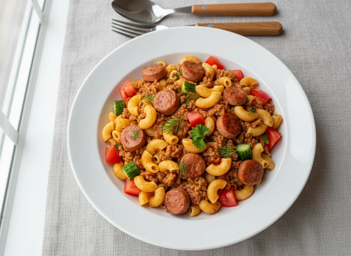 Макароны по-флотски с колбасой и овощами photo