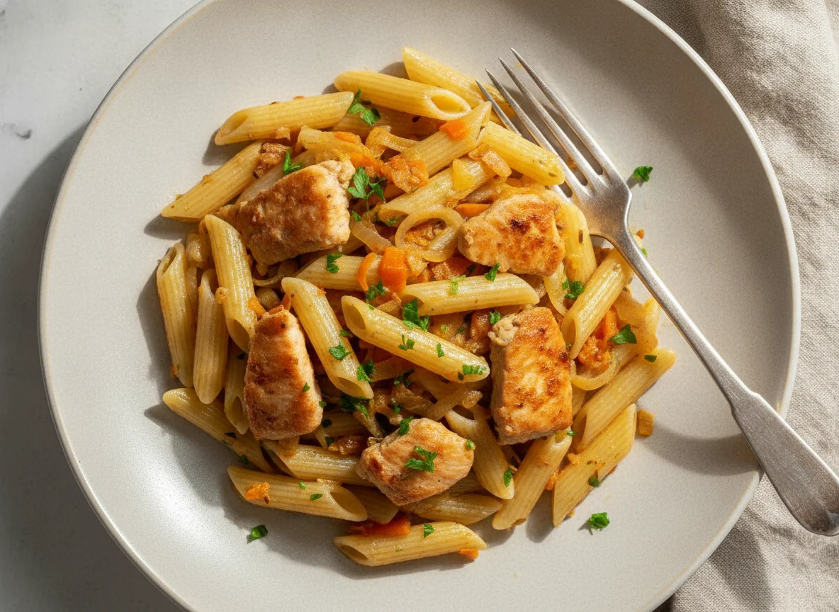 Макароны по-флотски с курицей и овощами photo