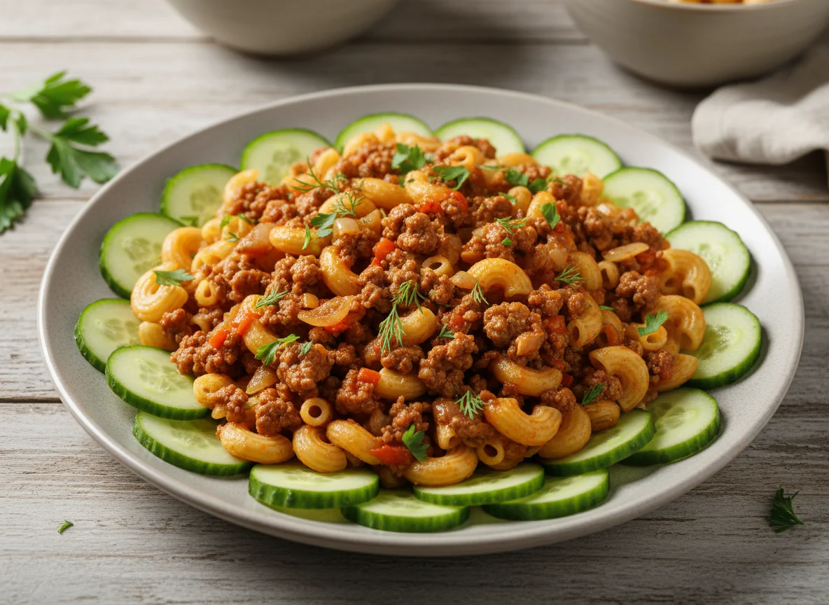 Макароны по-флотски с огурцами photo