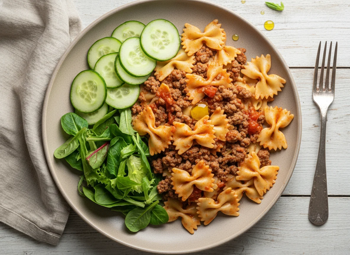 Макароны по-флотски с огурцом и салатом photo