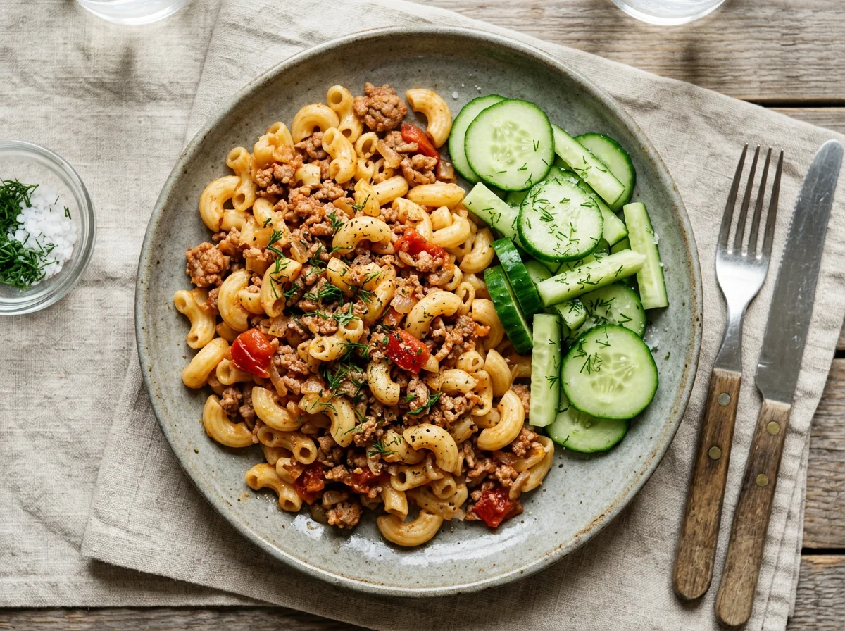 Макароны по-флотски с огурцом photo