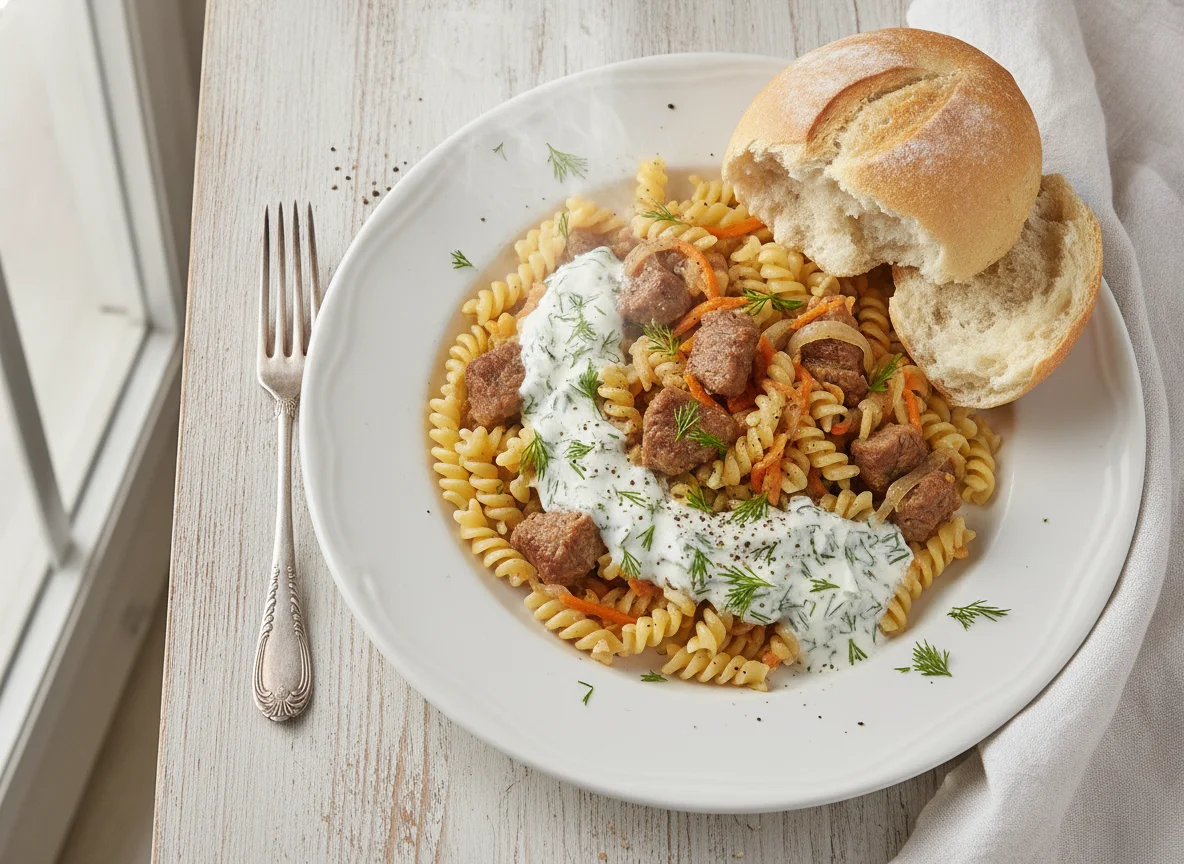 Макароны по-флотски с овощами и соусом photo