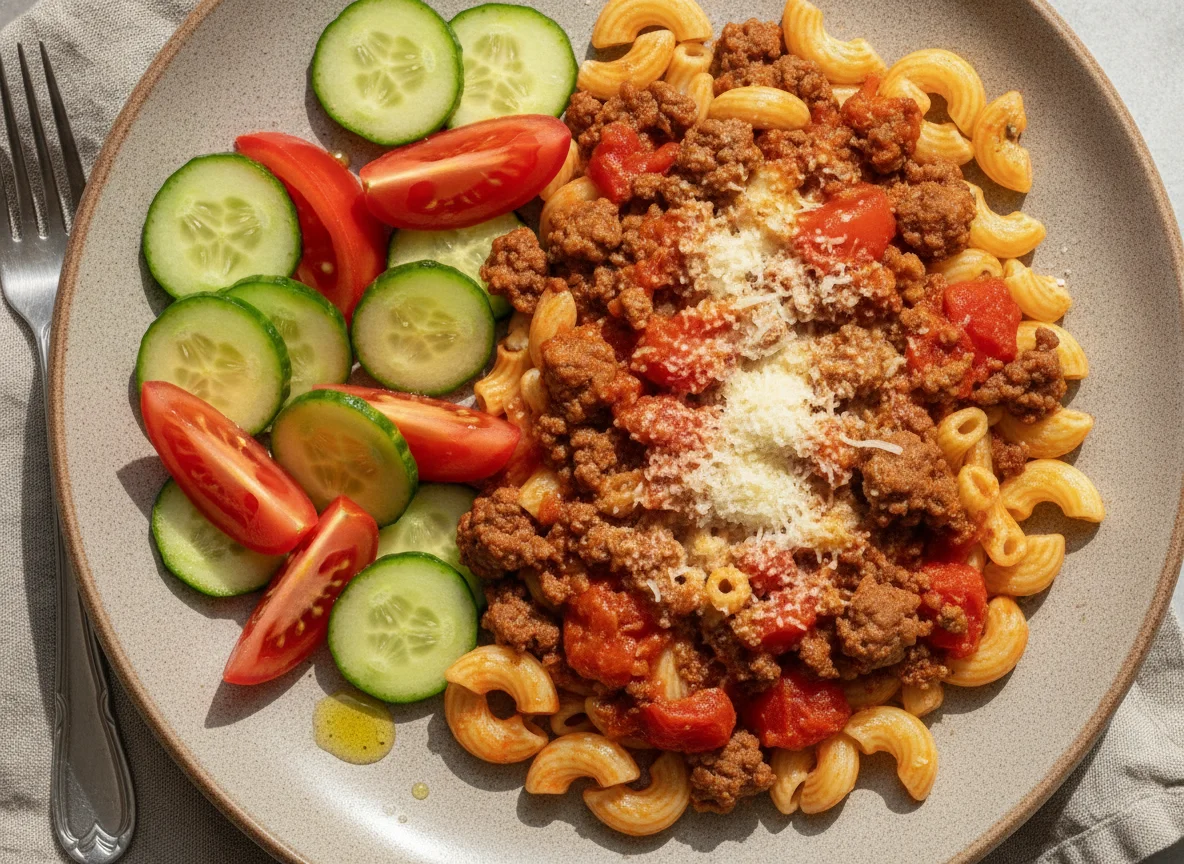 Макароны по-флотски с овощным салатом photo