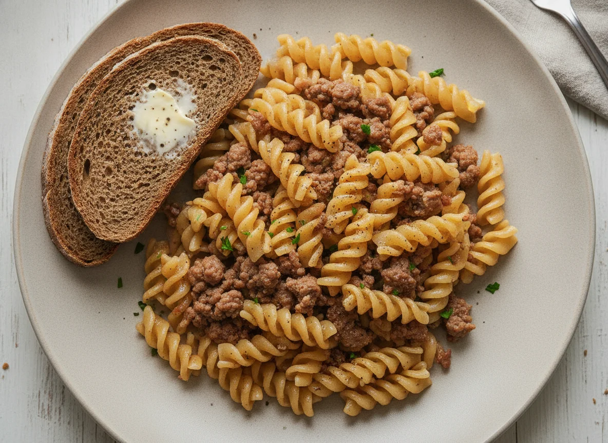 Макароны по-флотски с ржаным хлебом photo