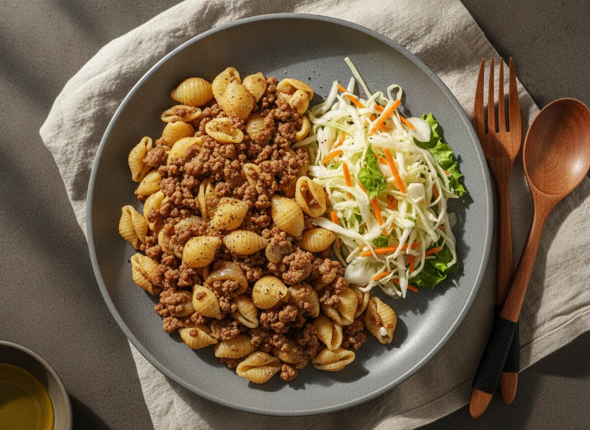 Макароны по-флотски с салатом из капусты photo