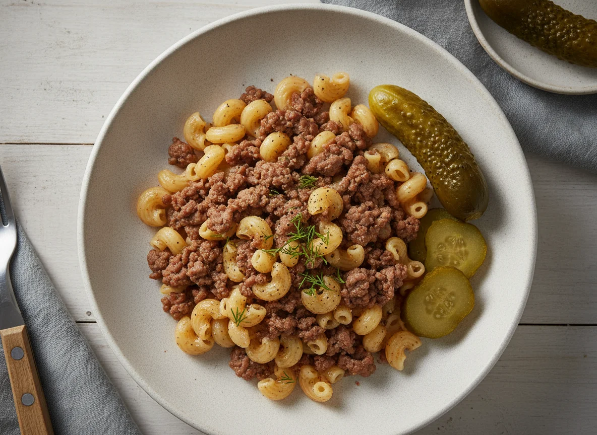 Макароны по-флотски с соленым огурцом photo