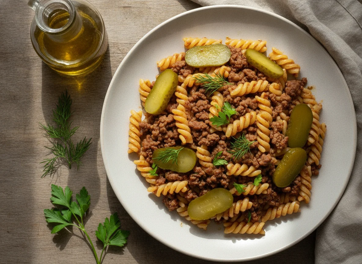 Макароны по-флотски с солеными огурцами photo