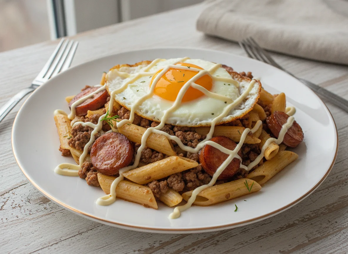 Макароны по-флотски с сосисками и яйцом photo