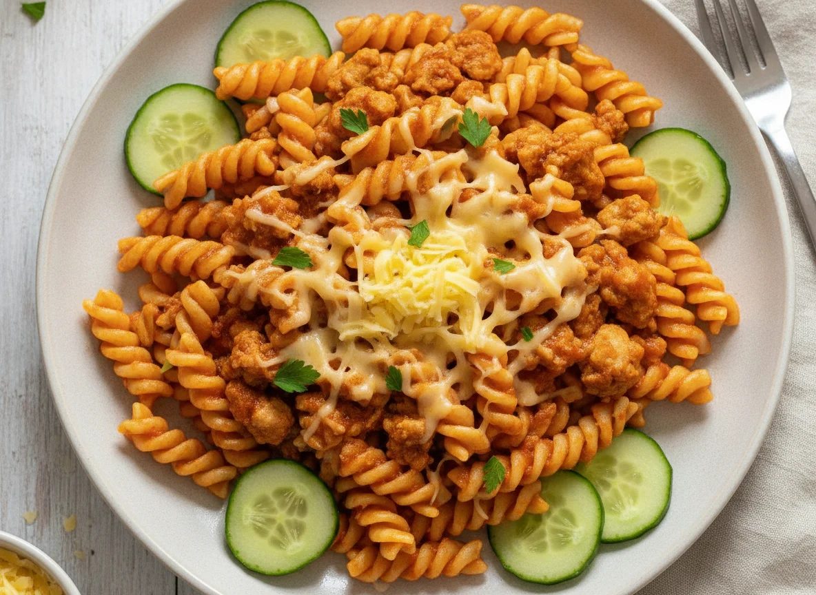 Макароны по-флотски с сыром и огурцом photo