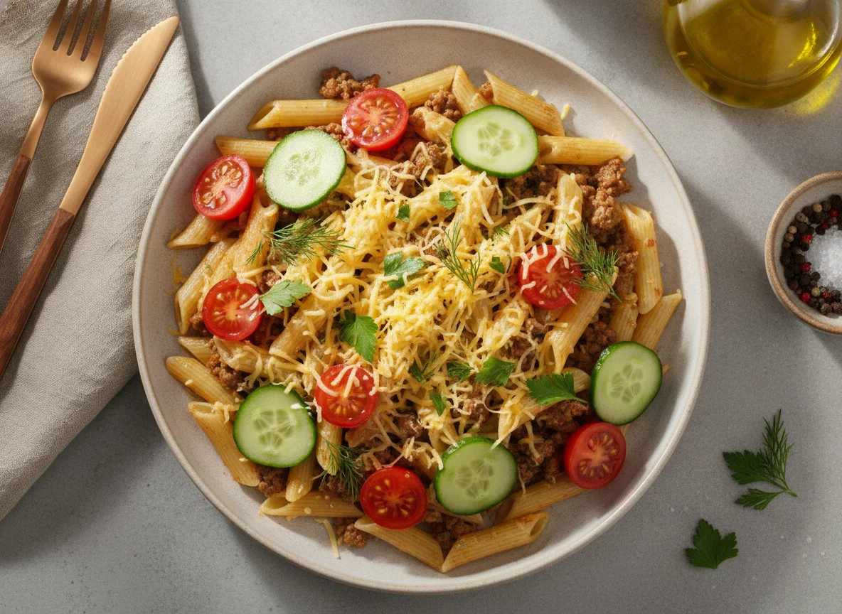 Макароны по-флотски с сыром и овощами photo