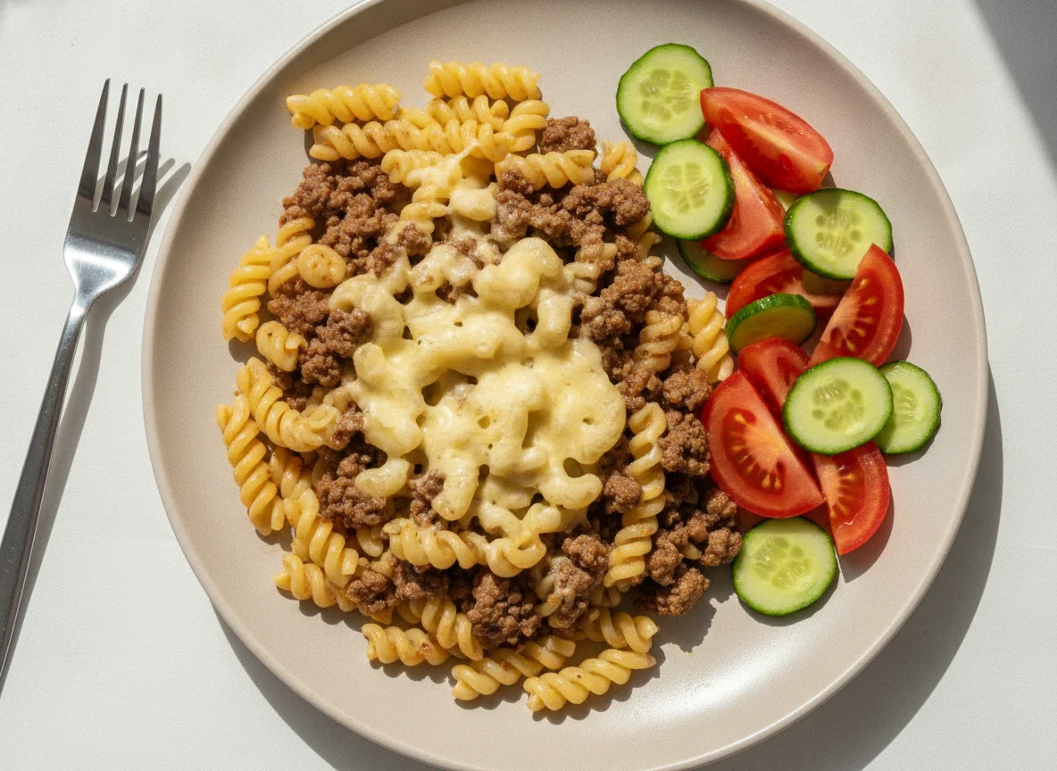 Макароны по-флотски с сыром и овощным салатом photo