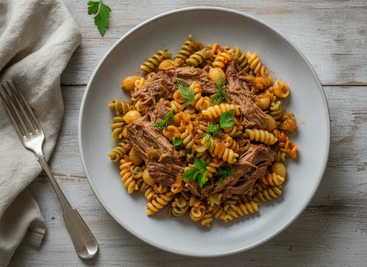Макароны по-флотски с тушеной говядиной photo