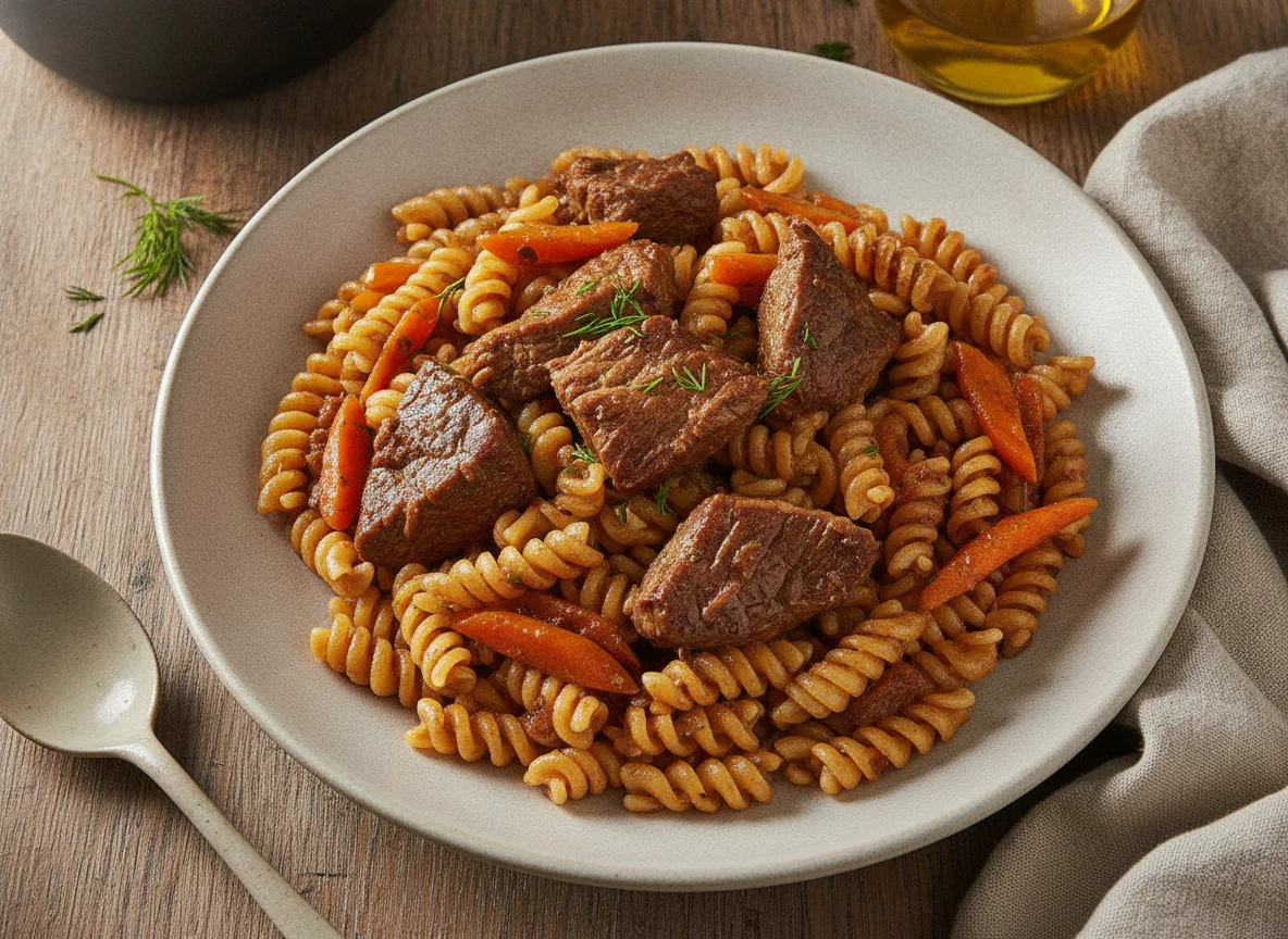 Макароны по-флотски с тушеной говядиной и морковью photo