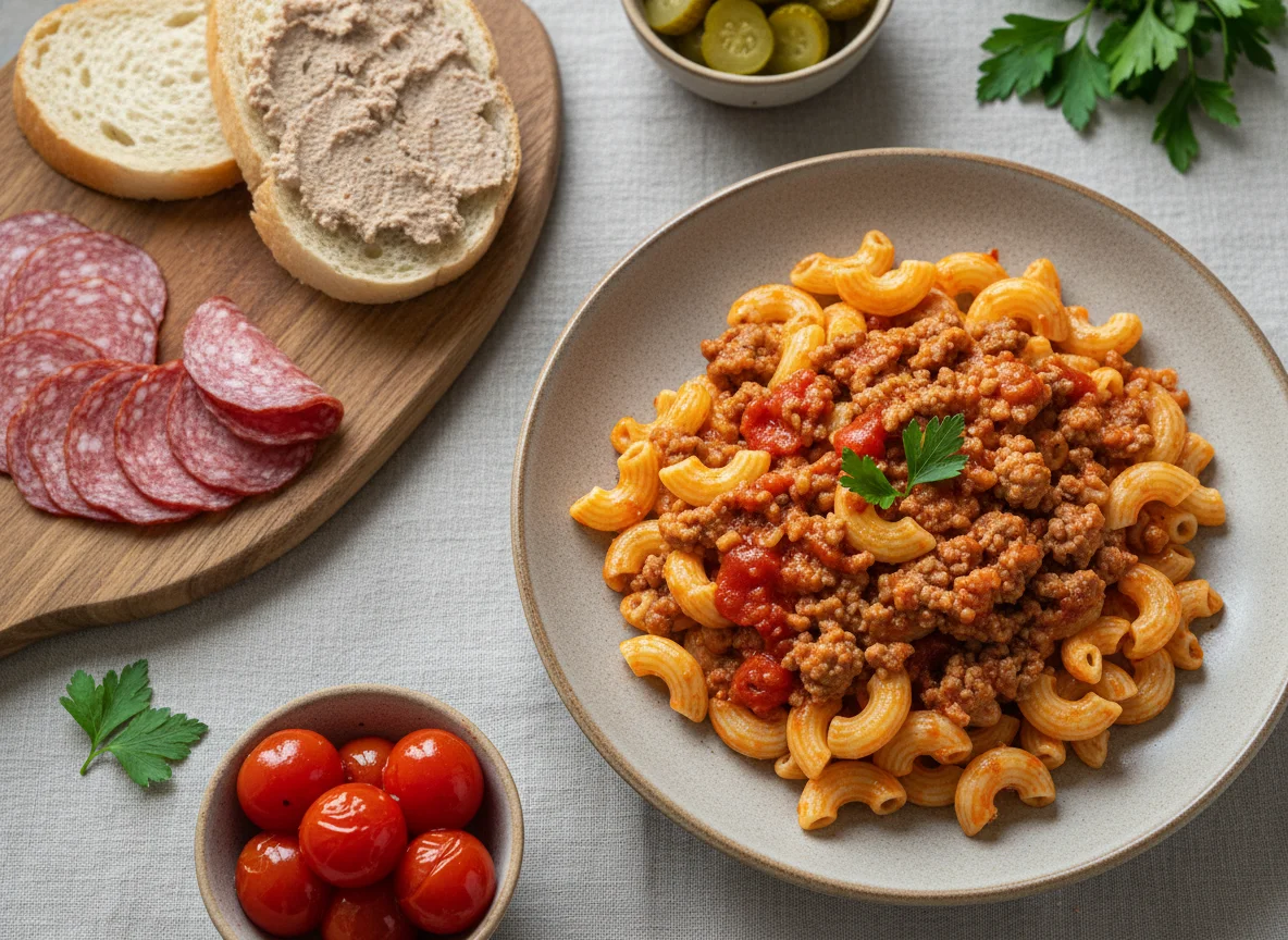 Макароны по-флотски с закусками photo