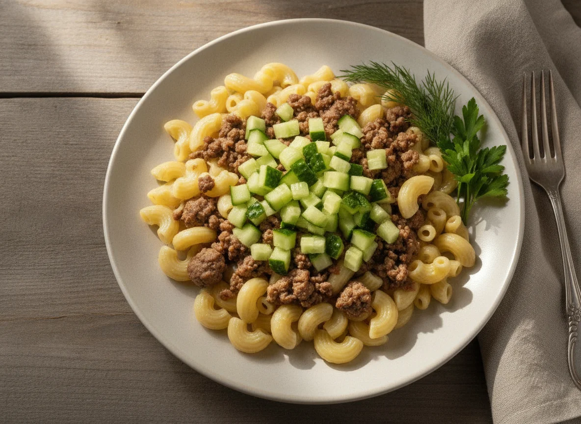 Макароны по-флотски со свежими огурцами photo