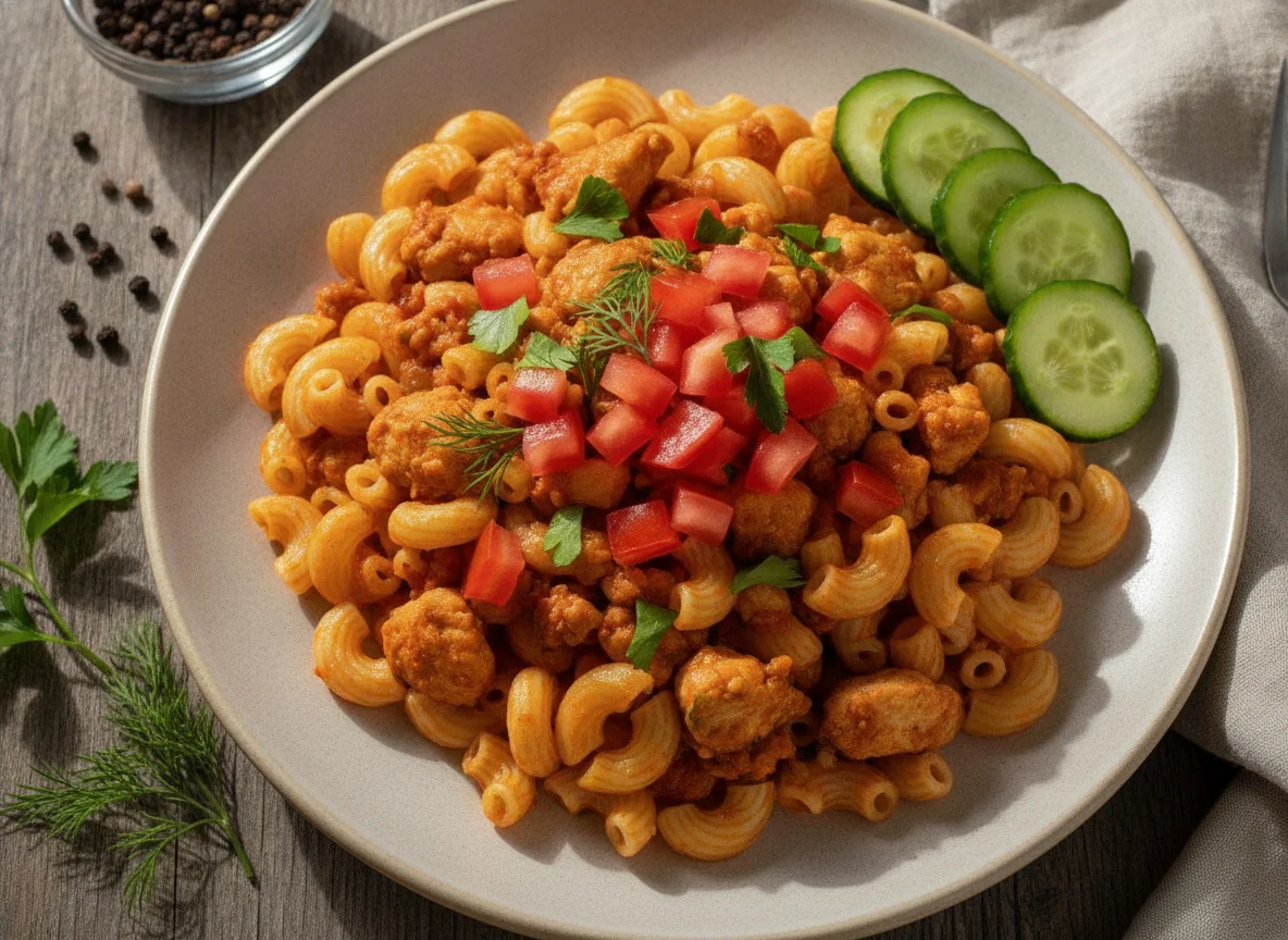 Макароны по-флотски со свежими овощами photo