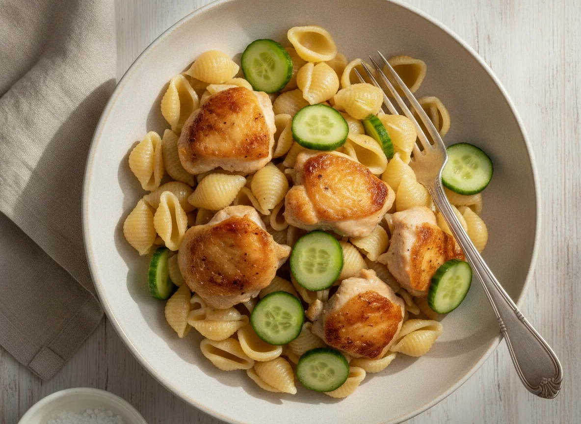 Макароны ракушки с курицей и огурцом photo