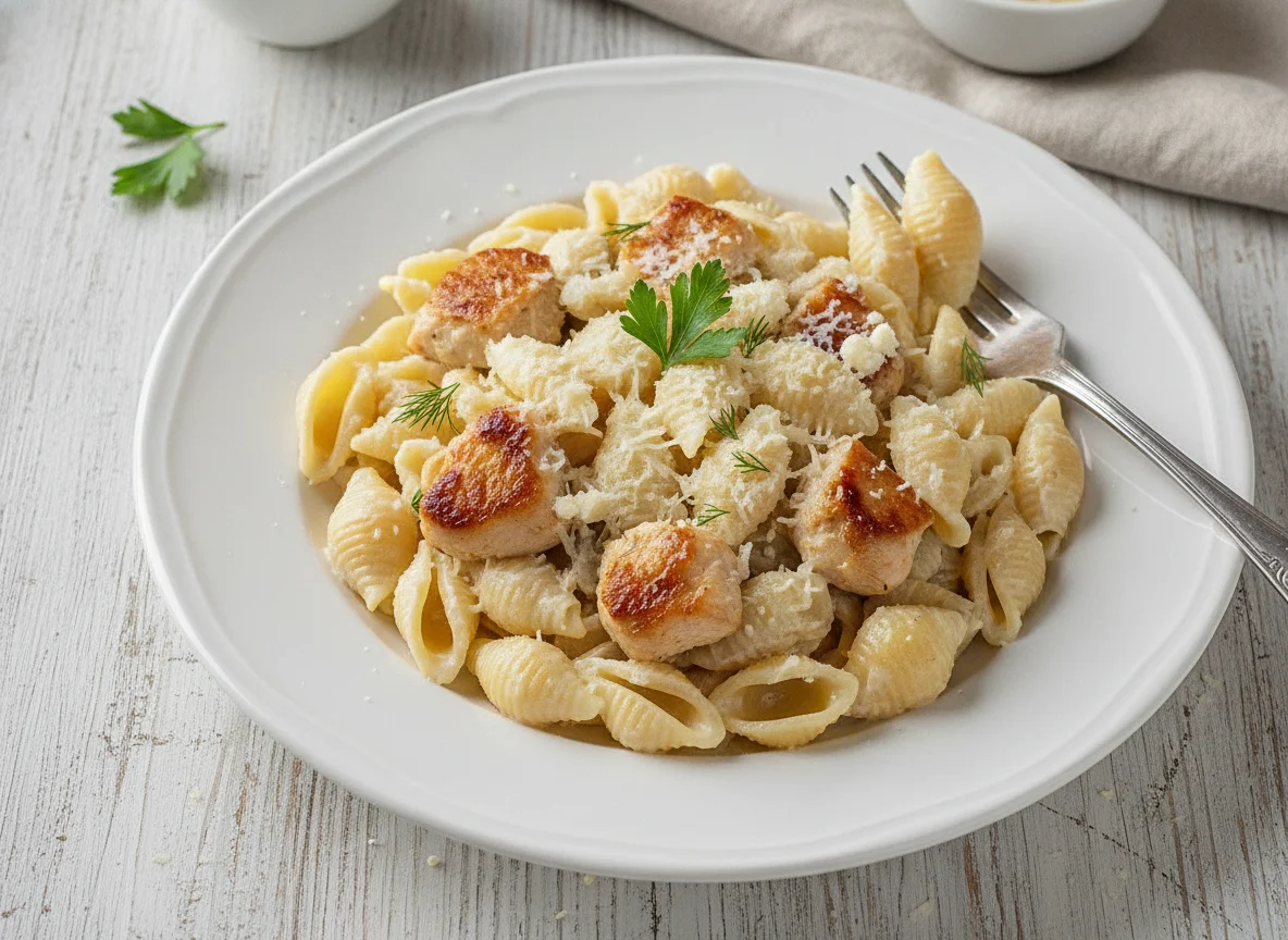 Макароны ракушки с курицей в сливочном соусе photo