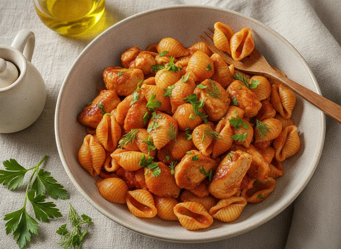 Макароны ракушки с курицей в томатном соусе photo