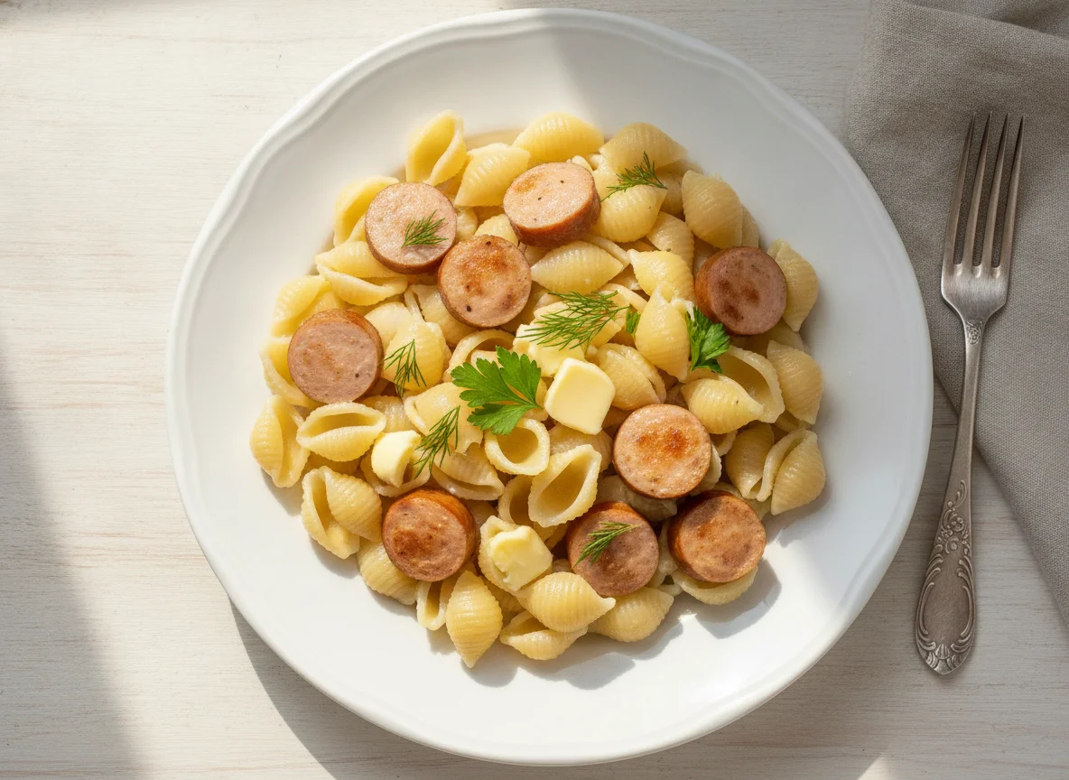 Макароны ракушки с сосисками photo